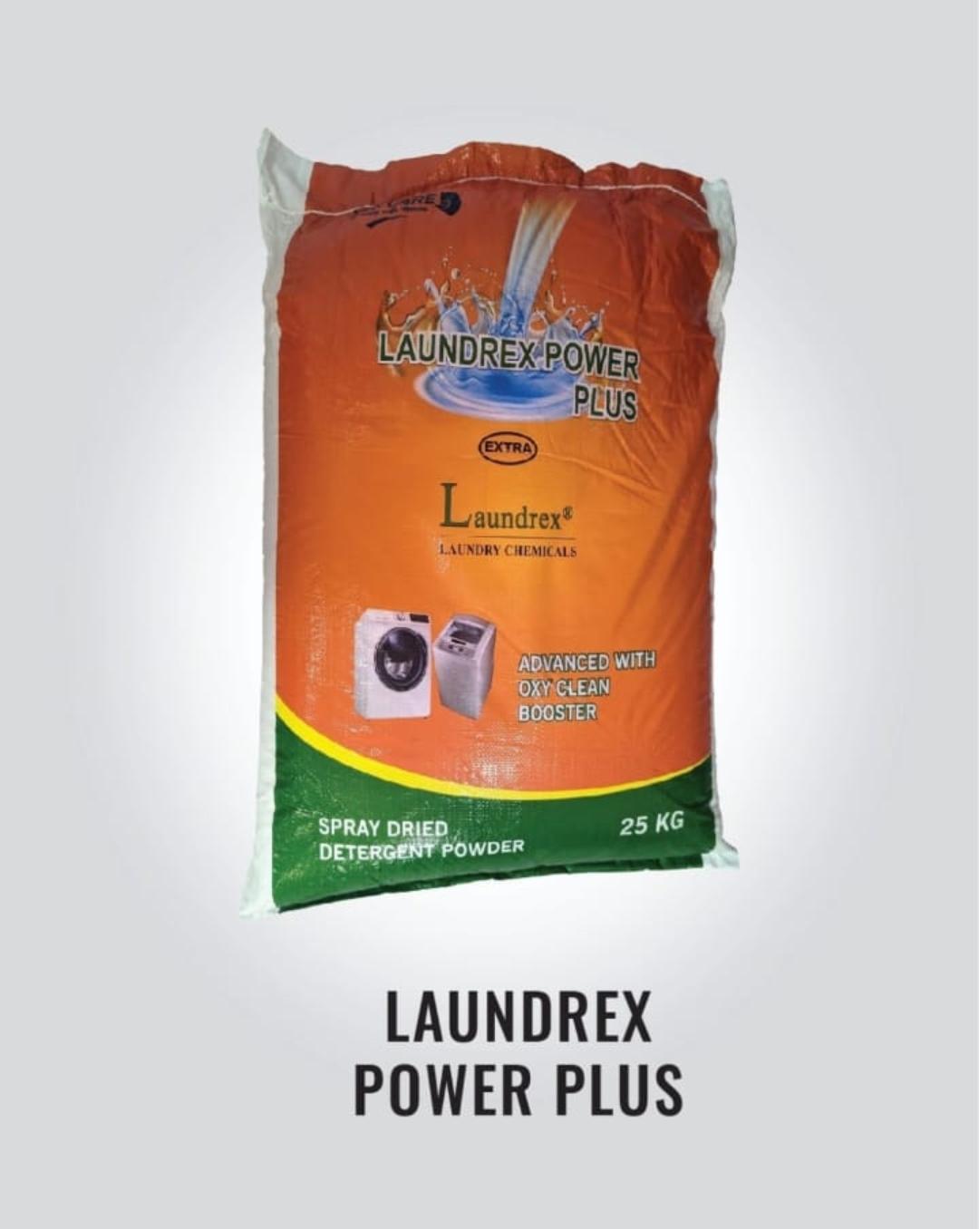 LAUNDREX POWER PLUS 25kg commercial laundry detergent powder — low foam, bleach-stable OBA — Vileson Trade FZCO, Jebel Ali, Dubai UAE